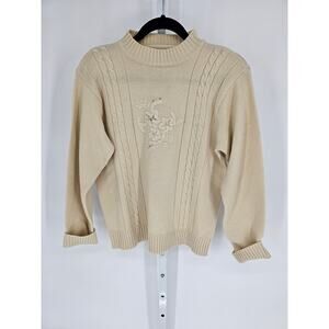 Vintage Haband Womens Sz S Mock Neck Sweater Cream Floral Embroidered